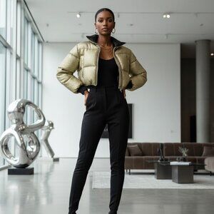 New BAE Metallic Gold Panel Zipper Up Crop Puff Puffer Coat Jacket L 8/10